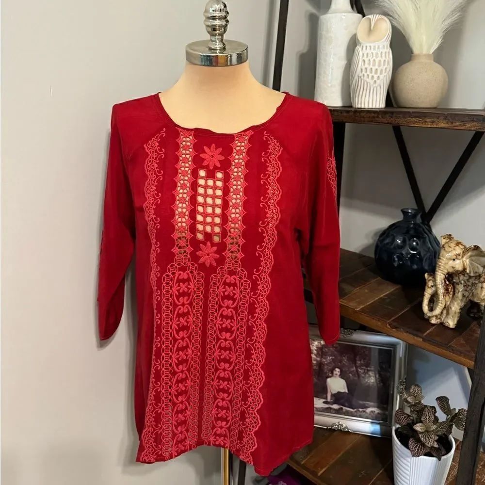 Johnny Was Embroidered Blouse Women’s Size MED Red Boho Bohemian Tunic